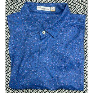 Peter Millar Featherweight Blue Polo Shirt Purple Drink Print M UPF 50+ Made In
